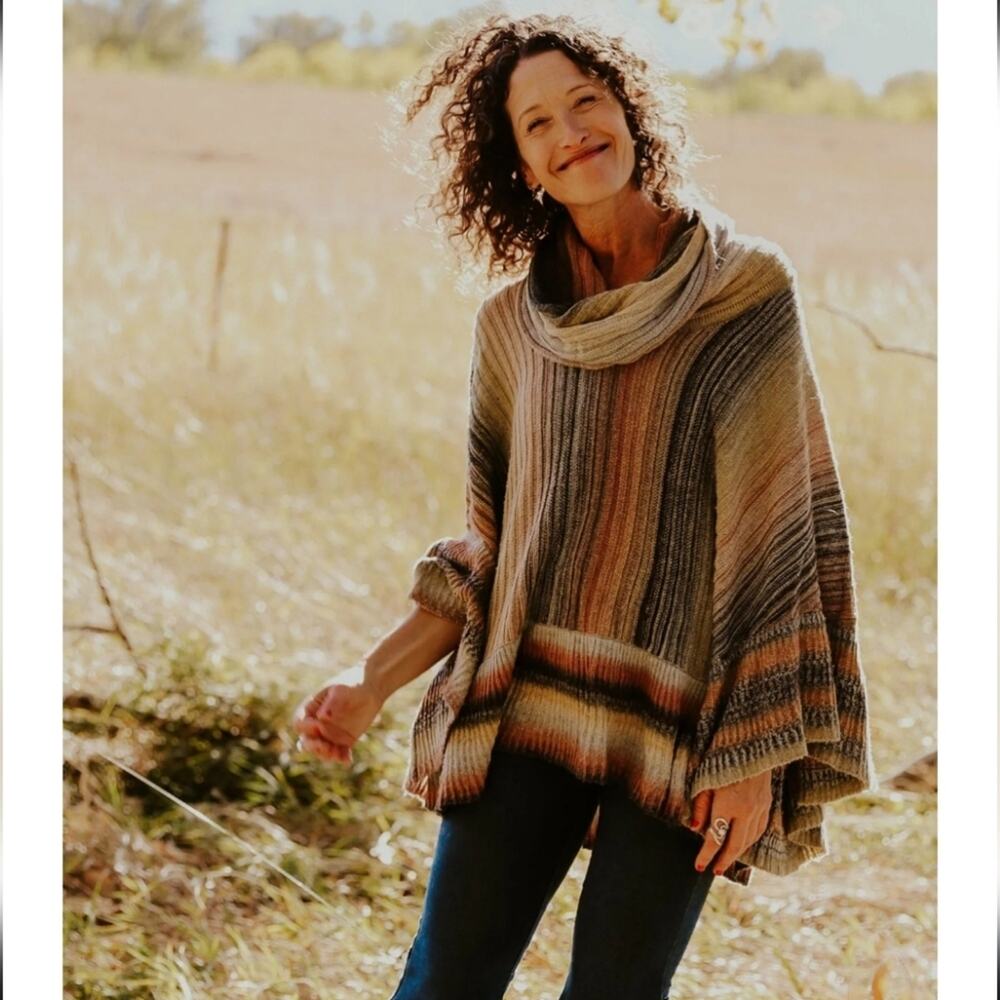 ii Sisters Multicolor Striped Ruffled Boho Brown Earthy Sweater Poncho OS